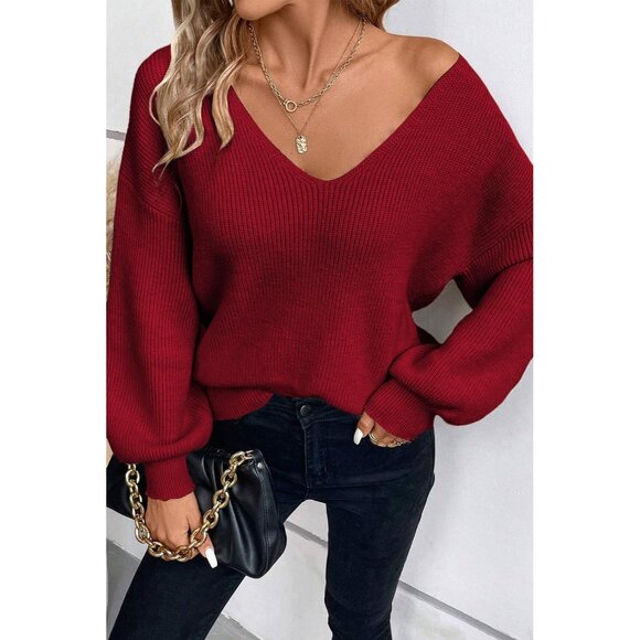 Womens Knit Sweater V Neck Off Shoulder Oversized Long Sleeve Pullover - Picture 3 of 5